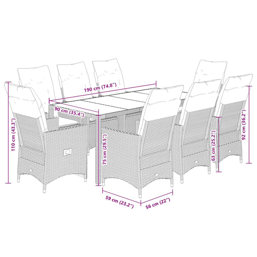 Set da Pranzo da Giardino 9 pz con Cuscini Nero in Polyrattan | homemem39