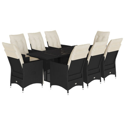 Set da Pranzo da Giardino 9 pz con Cuscini Nero in Polyrattan | homemem39