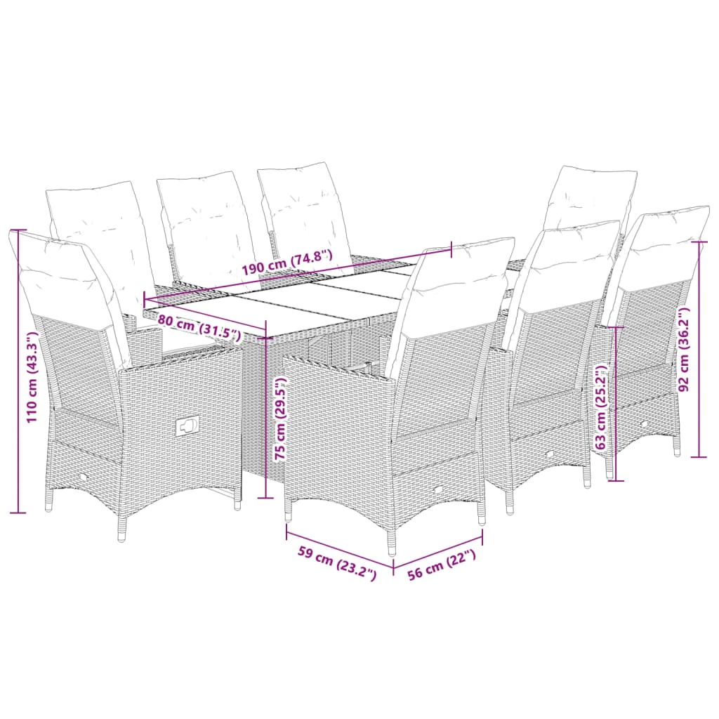 Set da Pranzo da Giardino 9 pz con Cuscini Nero in Polyrattan | homemem39