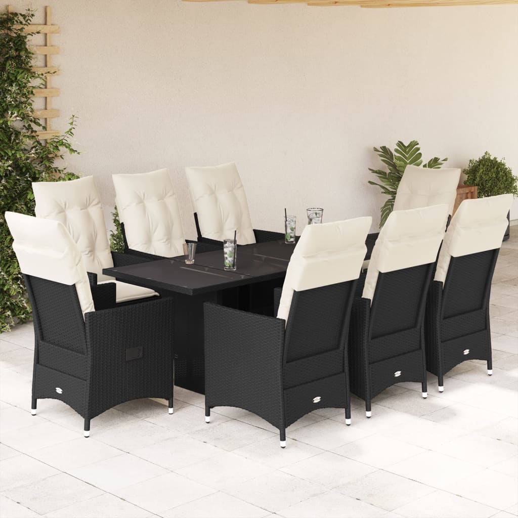 Set da Pranzo da Giardino 9 pz con Cuscini Nero in Polyrattan | homemem39