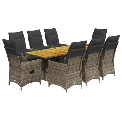 Set da Pranzo da Giardino 9 pz con Cuscini in Polyrattan Grigio