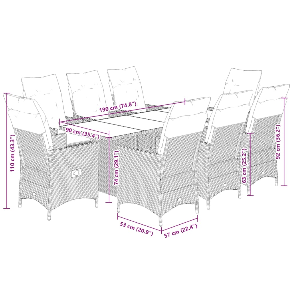Set da Pranzo da Giardino 9 pz con Cuscini in Polyrattan Grigio