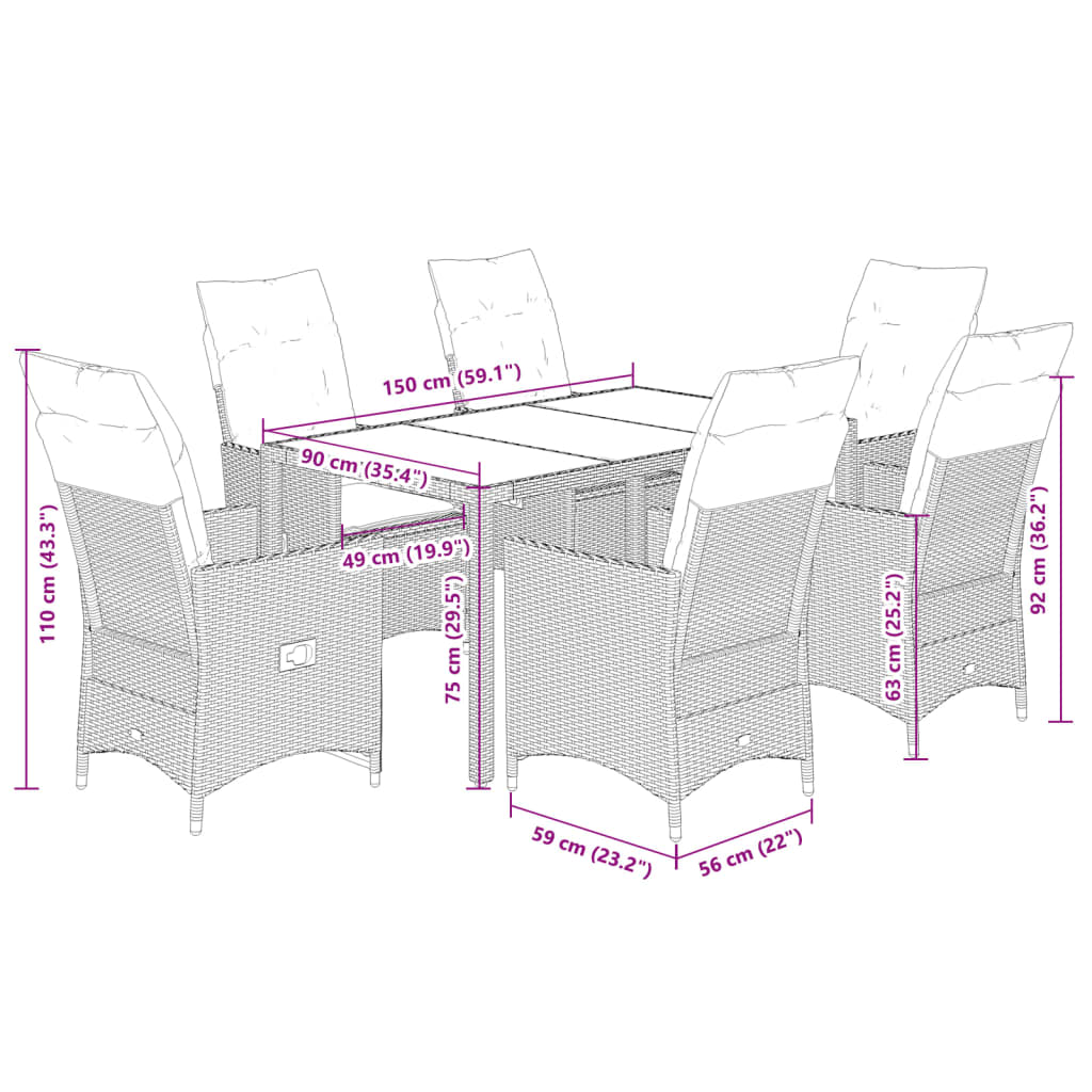 Set da Pranzo da Giardino 7 pz con Cuscini in Polyrattan Grigio | homemem39