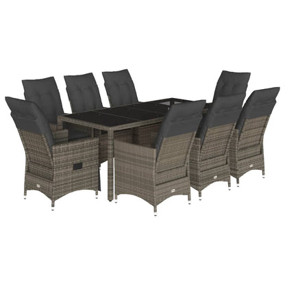 Set da Pranzo da Giardino 9 pz con Cuscini in Polyrattan Grigio