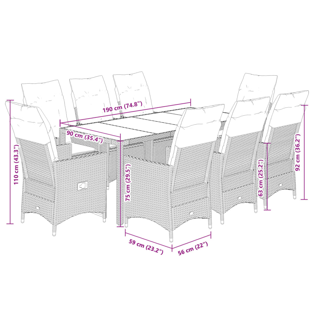 Set da Pranzo da Giardino 9 pz con Cuscini in Polyrattan Grigio