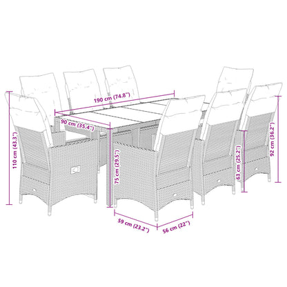 Set da Pranzo da Giardino 9 pz con Cuscini in Polyrattan Grigio