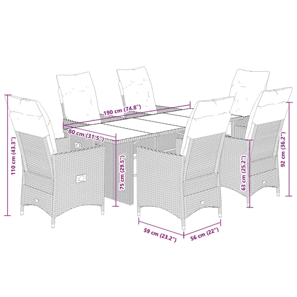 Set da Pranzo da Giardino 7 pz con Cuscini in Polyrattan Grigio | homemem39