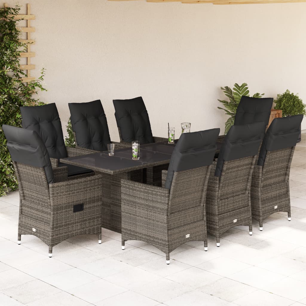 Set da Pranzo da Giardino 9 pz con Cuscini in Polyrattan Grigio | homemem39