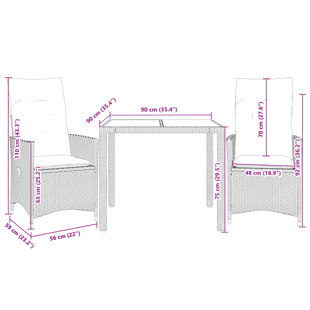 Set Bistrò 3 pz con Cuscini Marrone in Polyrattan | homemem39
