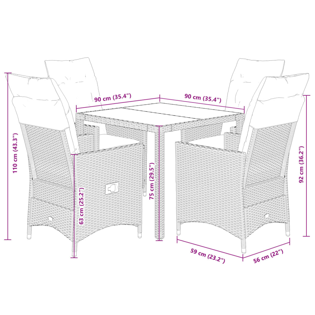 Set da Pranzo da Giardino 5pz con Cuscini in Polyrattan Marrone | homemem39