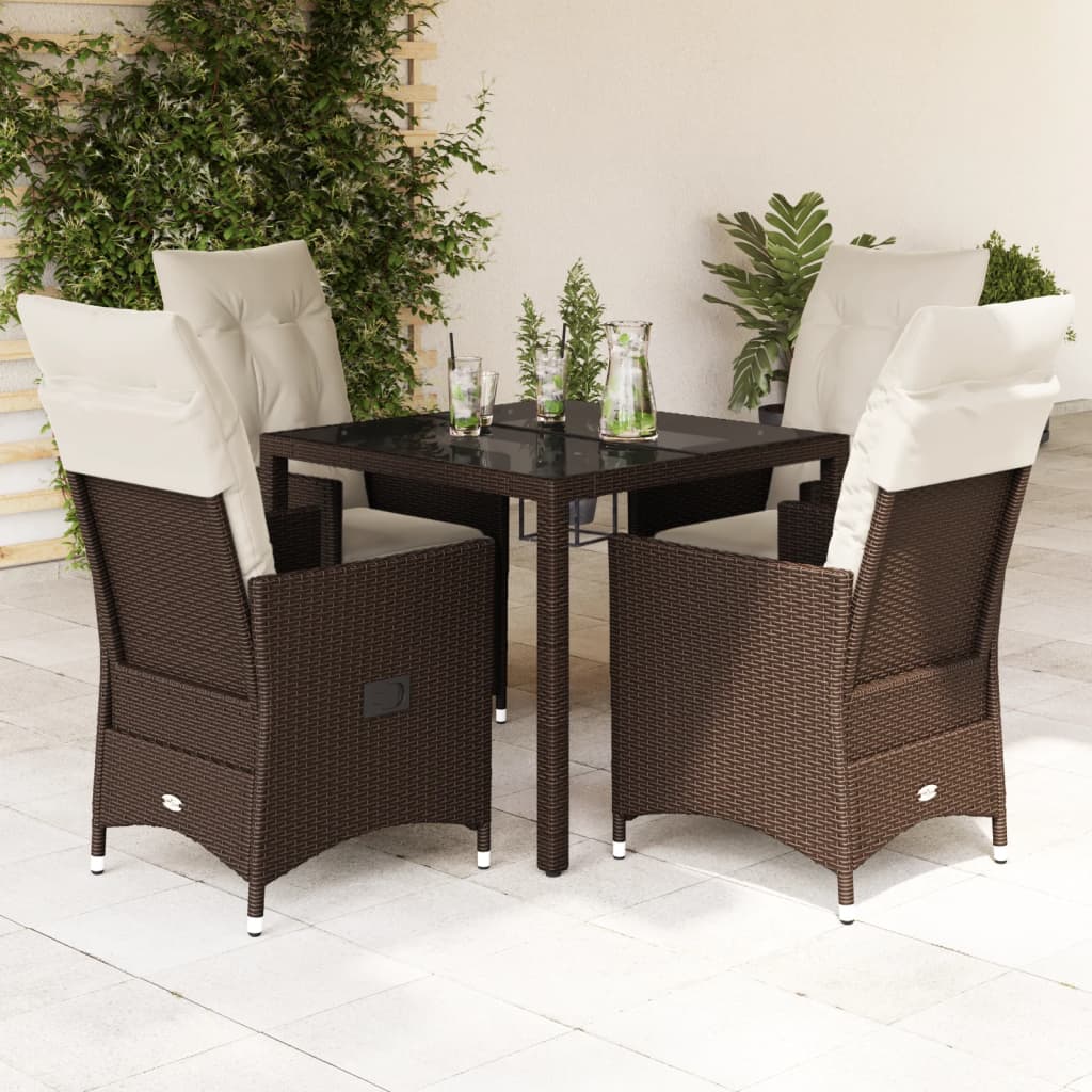 Set da Pranzo da Giardino 5pz con Cuscini in Polyrattan Marrone - homemem39
