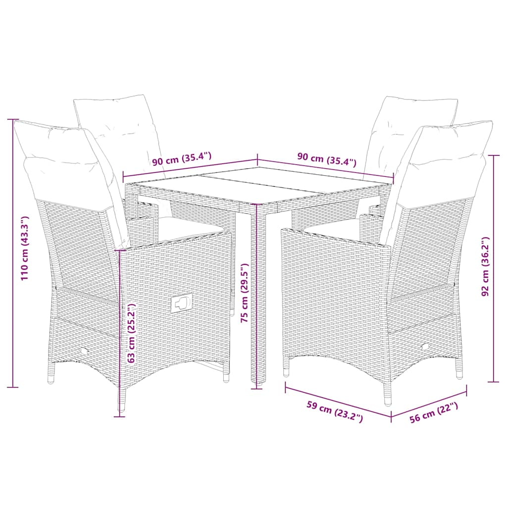 Set da Pranzo da Giardino 5pz con Cuscini in Polyrattan Marrone | homemem39