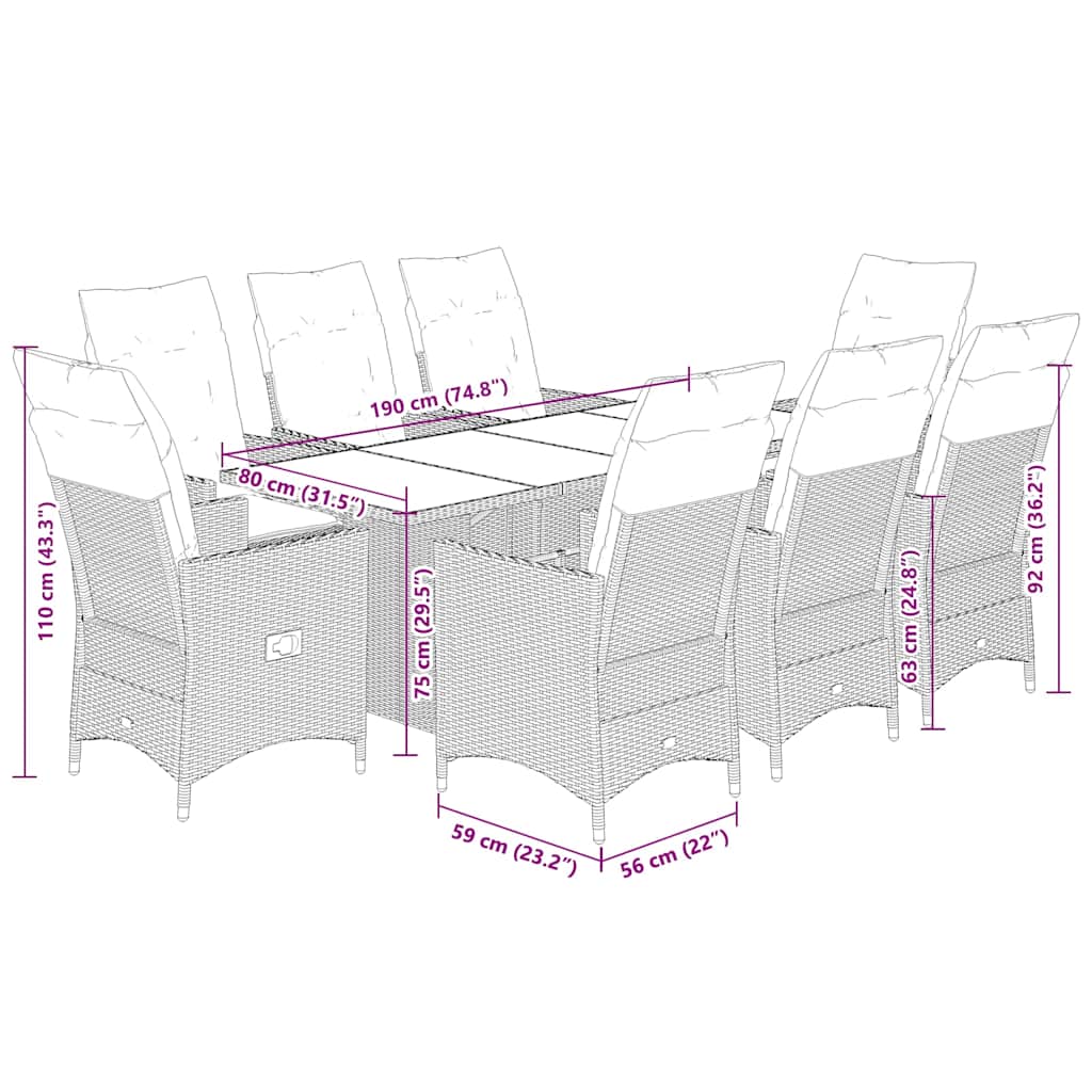 Set da Pranzo da Giardino 9pz con Cuscini Marrone in Polyrattan | homemem39