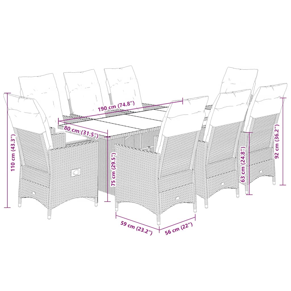Set da Pranzo da Giardino 9pz con Cuscini Marrone in Polyrattan | homemem39