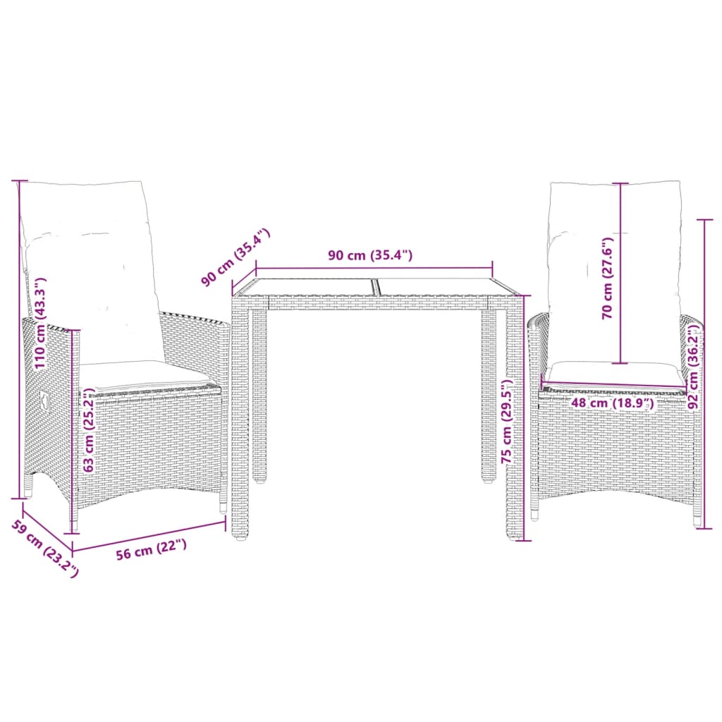 Set da Bistrò 3 pz con Cuscini Beige in Polyrattan | homemem39