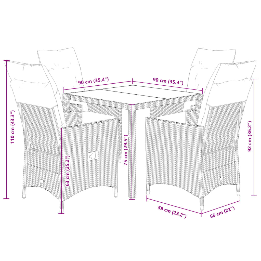 Set da Pranzo da Giardino 5 pz con Cuscini Beige in Polyrattan | homemem39
