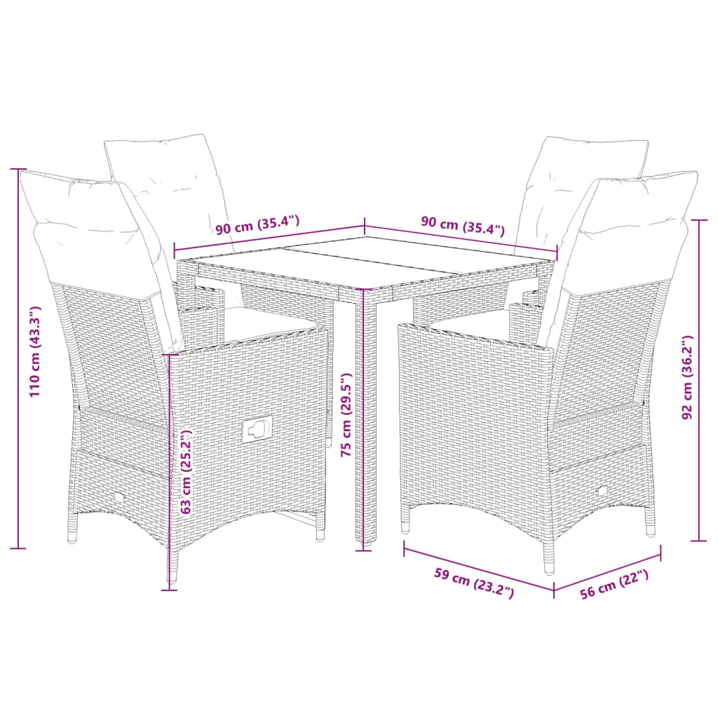 Set da Pranzo da Giardino 5 pz con Cuscini Beige in Polyrattan | homemem39