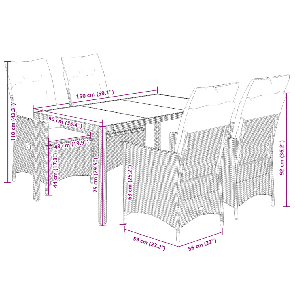Set da Pranzo da Giardino 5 pz con Cuscini Beige in Polyrattan | homemem39