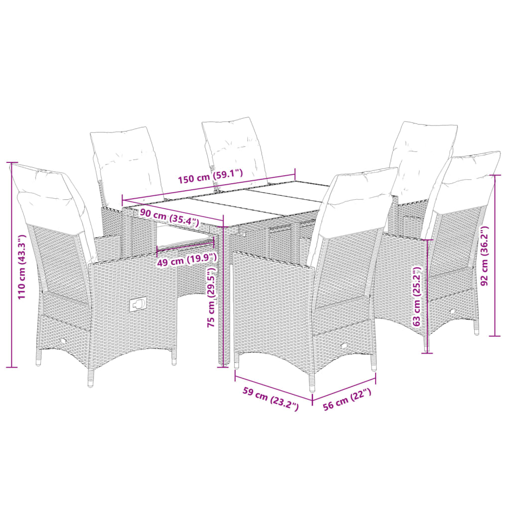 Set da Pranzo da Giardino 7 pz con Cuscini Beige in Polyrattan | homemem39