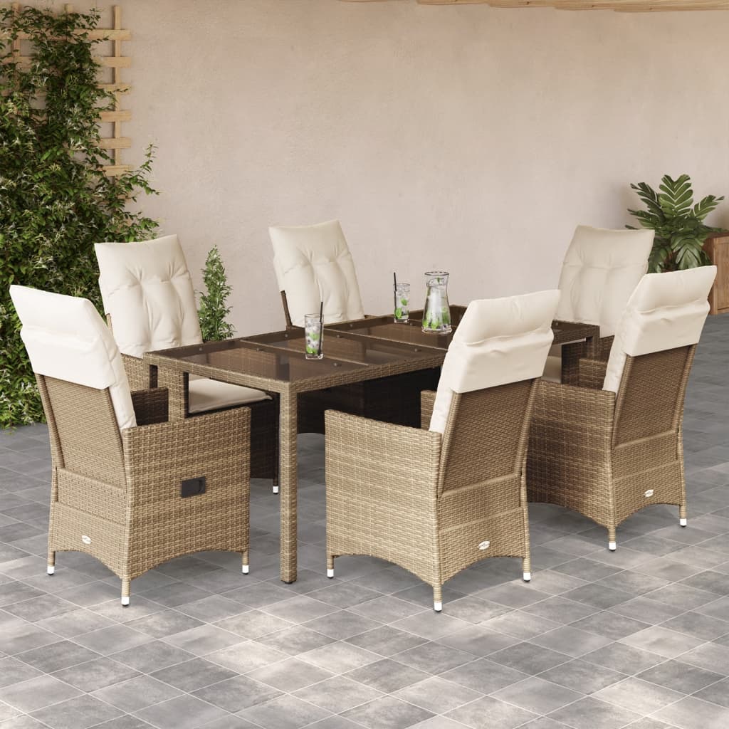 Set da Pranzo da Giardino 7 pz con Cuscini Beige in Polyrattan | homemem39