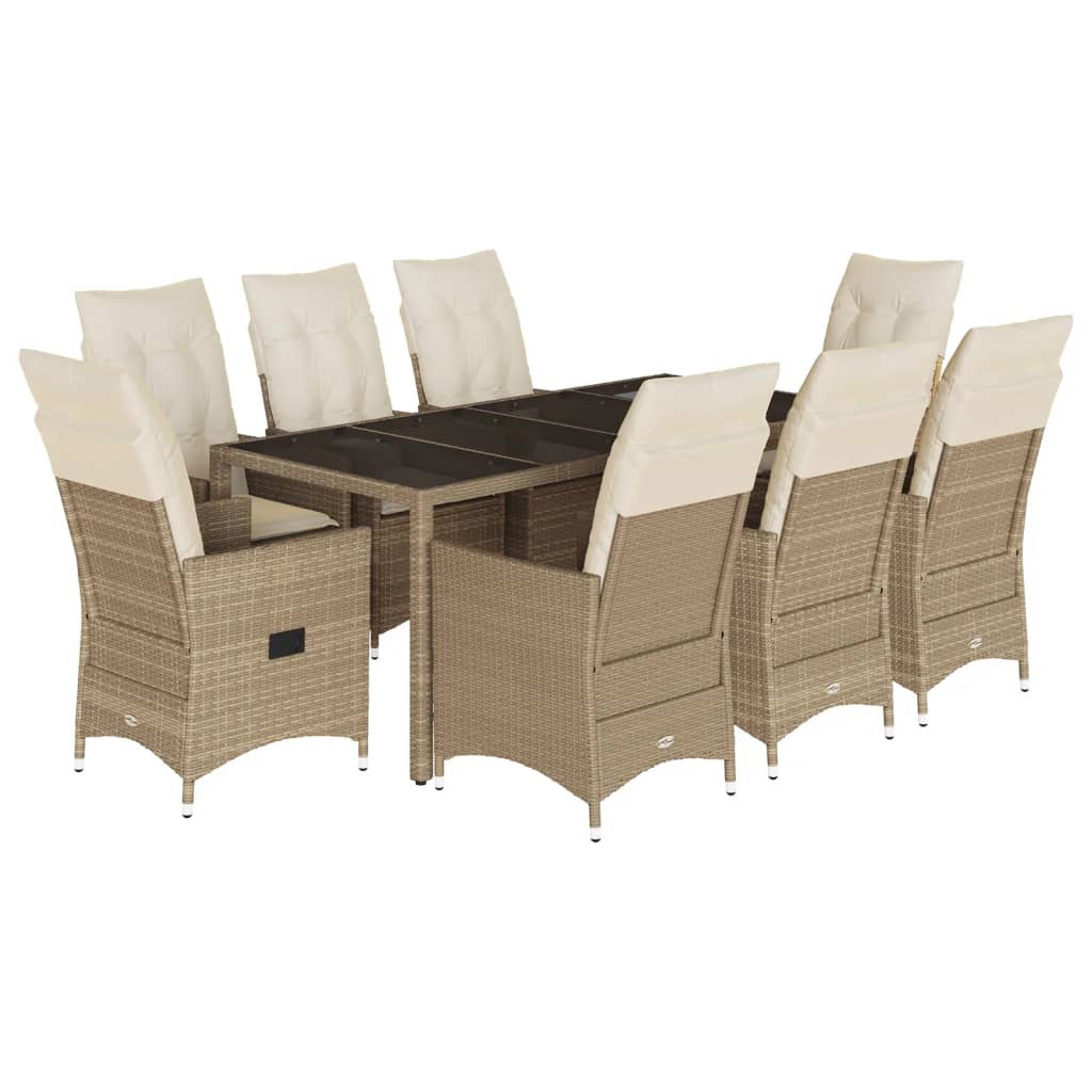 Set da Pranzo da Giardino 9 pz con Cuscini Beige in Polyrattan