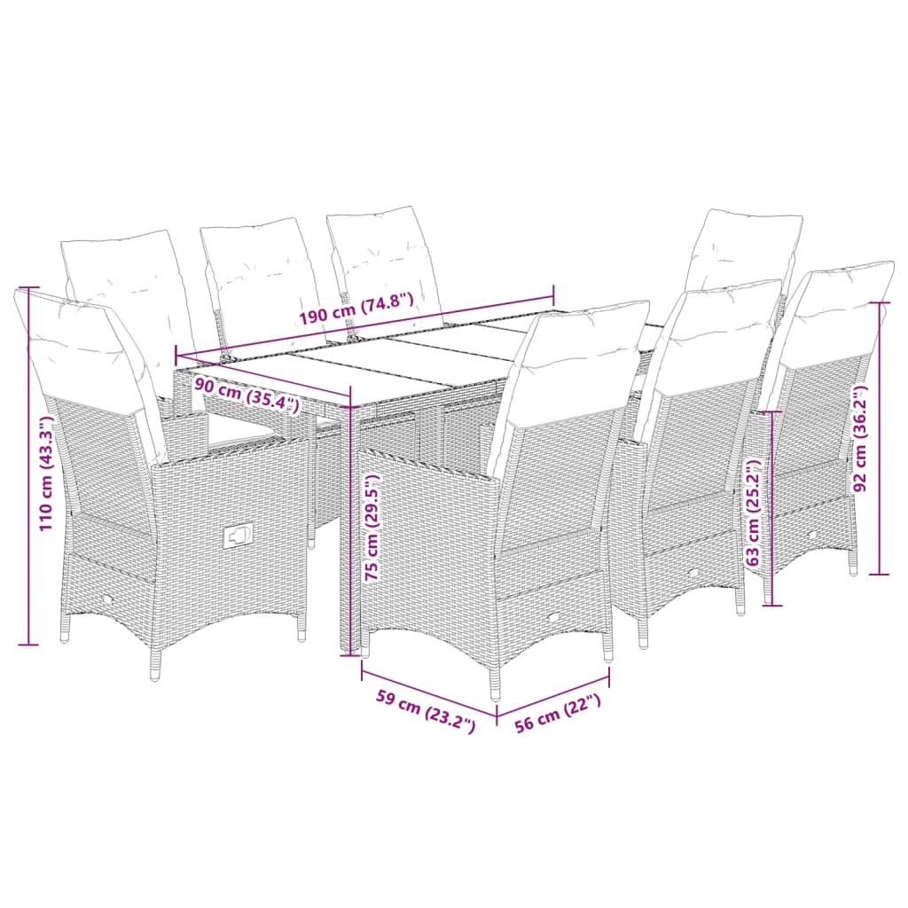 Set da Pranzo da Giardino 9 pz con Cuscini Beige in Polyrattan