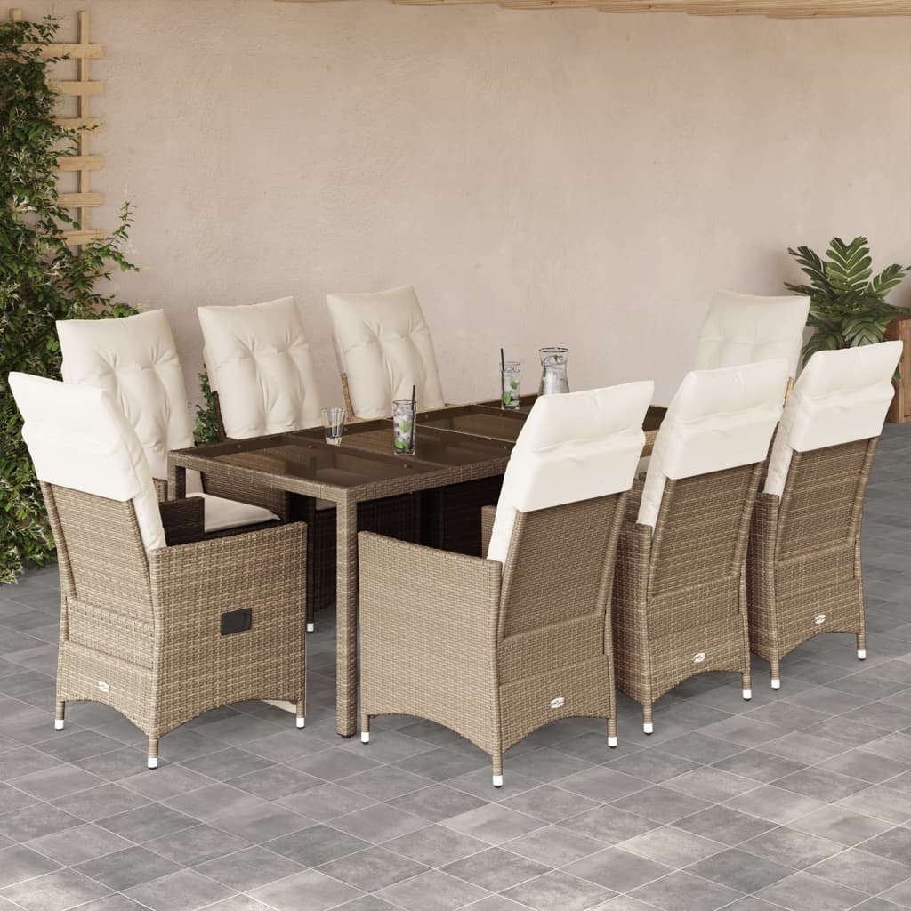 Set da Pranzo da Giardino 9 pz con Cuscini Beige in Polyrattan | homemem39