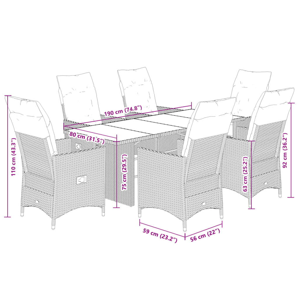 Set da Pranzo da Giardino 7 pz con Cuscini Beige in Polyrattan | homemem39