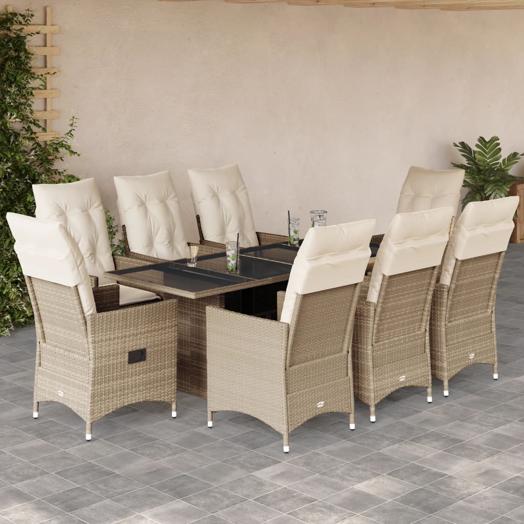 Set da Pranzo da Giardino 9 pz con Cuscini Beige in Polyrattan | homemem39