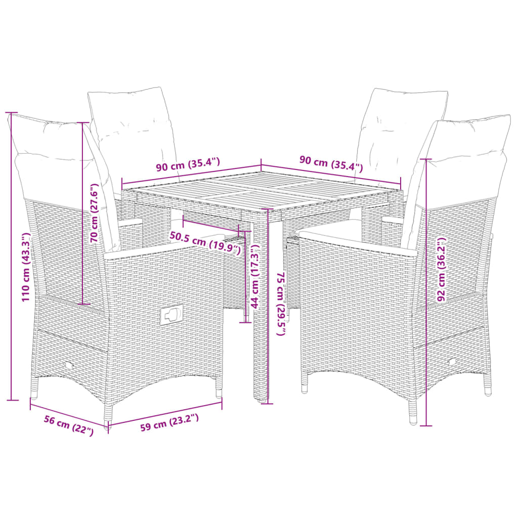 Set da Pranzo da Giardino 5 pz Nero con Cuscini in Polyrattan