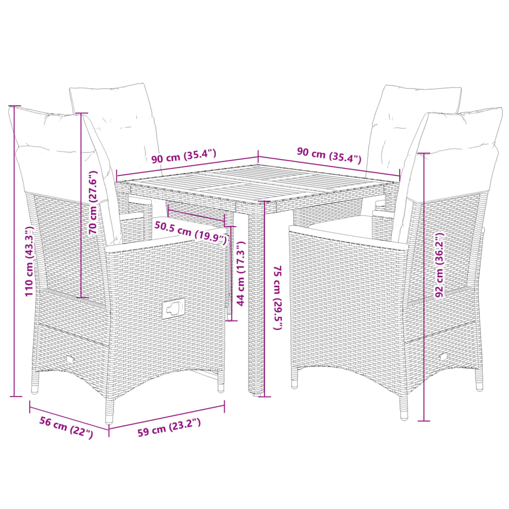 Set da Pranzo da Giardino 5 pz Nero con Cuscini in Polyrattan | homemem39