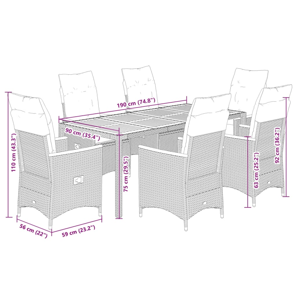 Set da Pranzo da Giardino 7 pz Nero con Cuscini in Polyrattan | homemem39