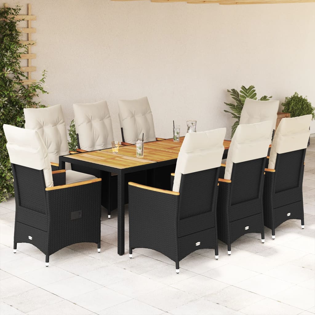 Set da Pranzo da Giardino 9 pz con Cuscini Nero in Polyrattan | homemem39