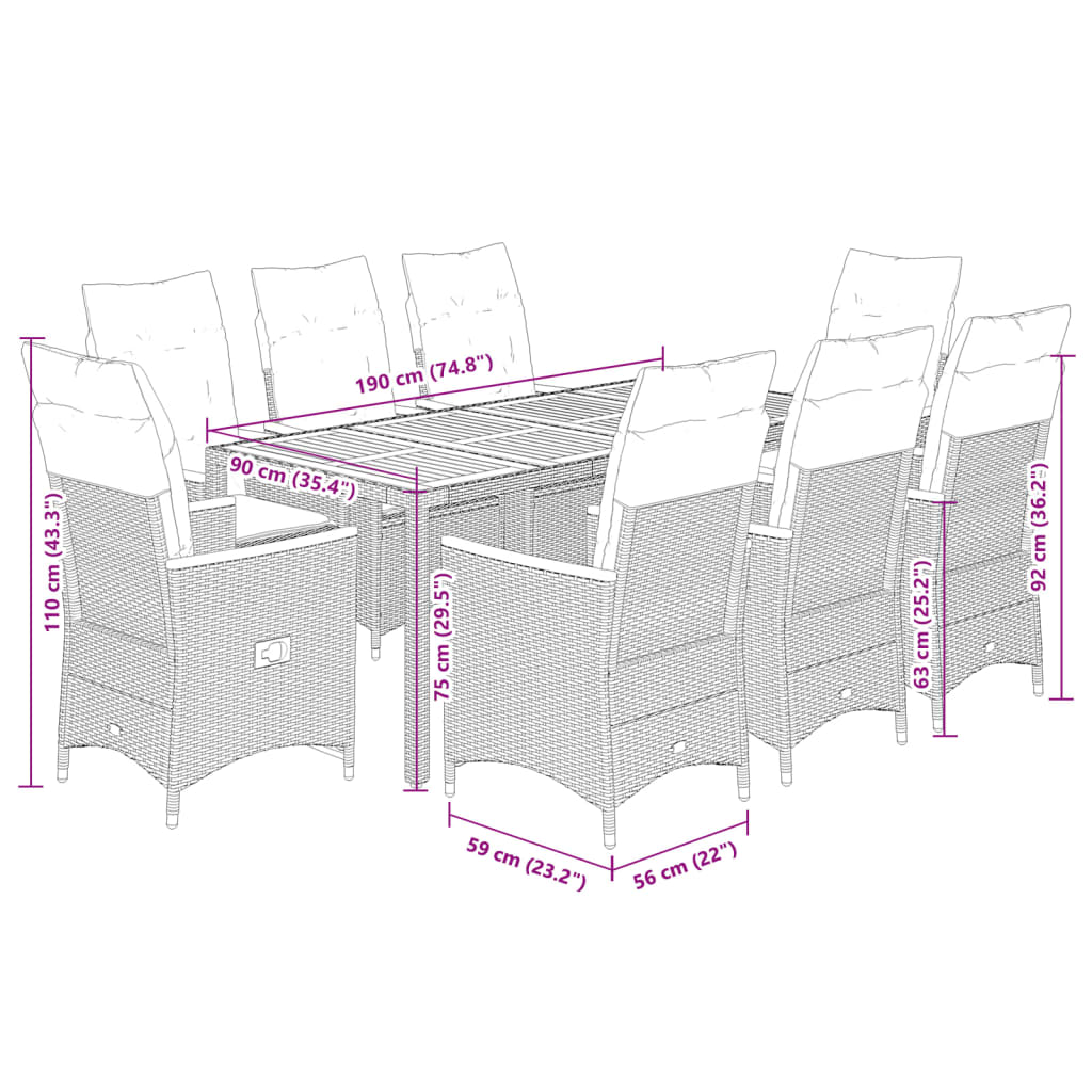 Set da Pranzo da Giardino 9 pz con Cuscini Nero in Polyrattan | homemem39