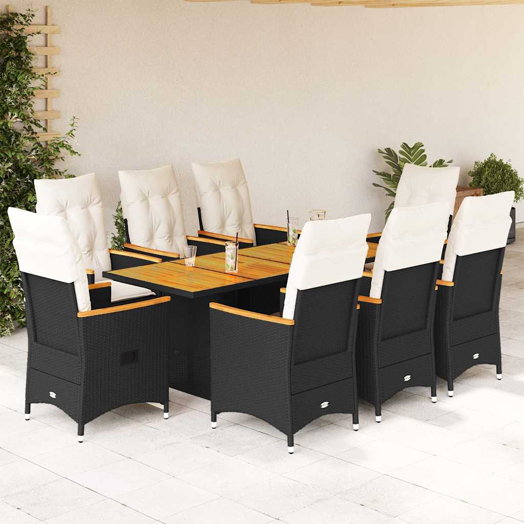 Set da Pranzo da Giardino 9 pz con Cuscini Nero in Polyrattan | homemem39