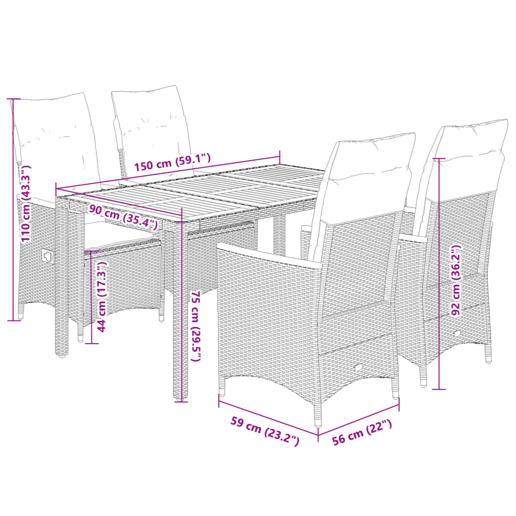 Set da Pranzo da Giardino 5 pz con Cuscini in Polyrattan Grigio | homemem39