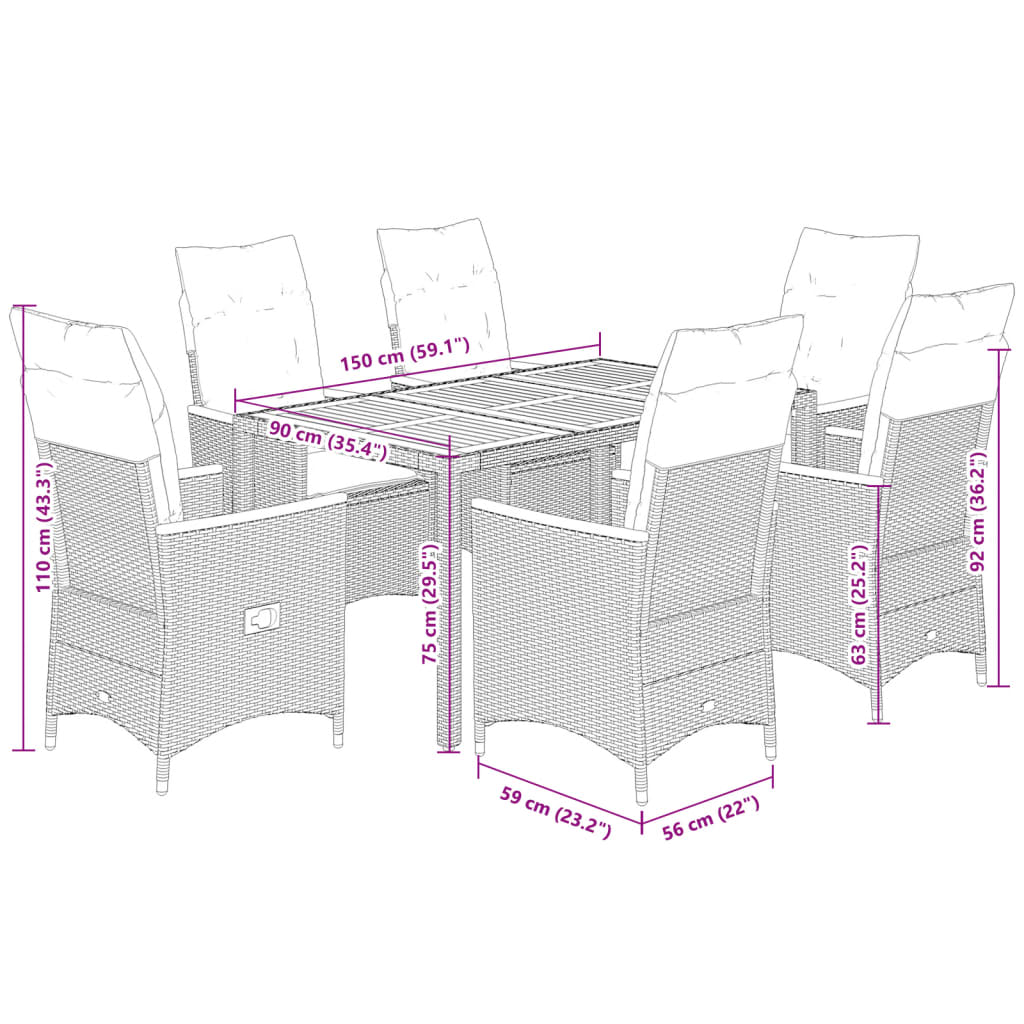 Set da Pranzo da Giardino 7 pz con Cuscini in Polyrattan Grigio | homemem39