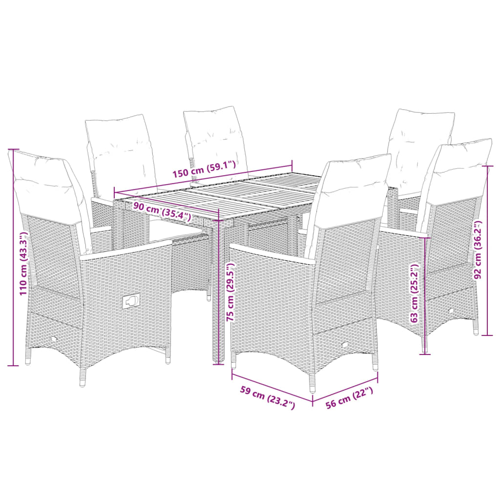 Set da Pranzo da Giardino 7 pz con Cuscini in Polyrattan Grigio | homemem39