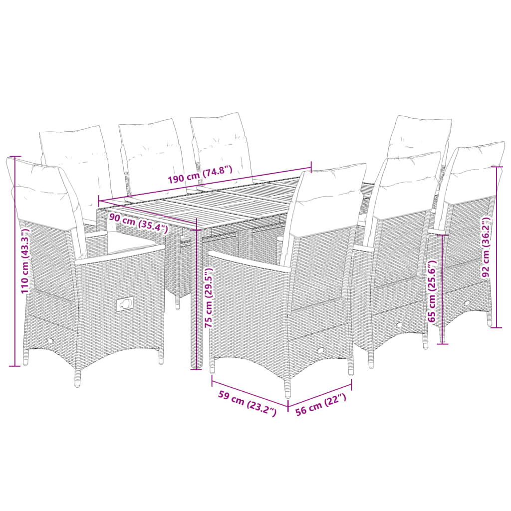 Set da Pranzo da Giardino 9 pz con Cuscini in Polyrattan Grigio | homemem39