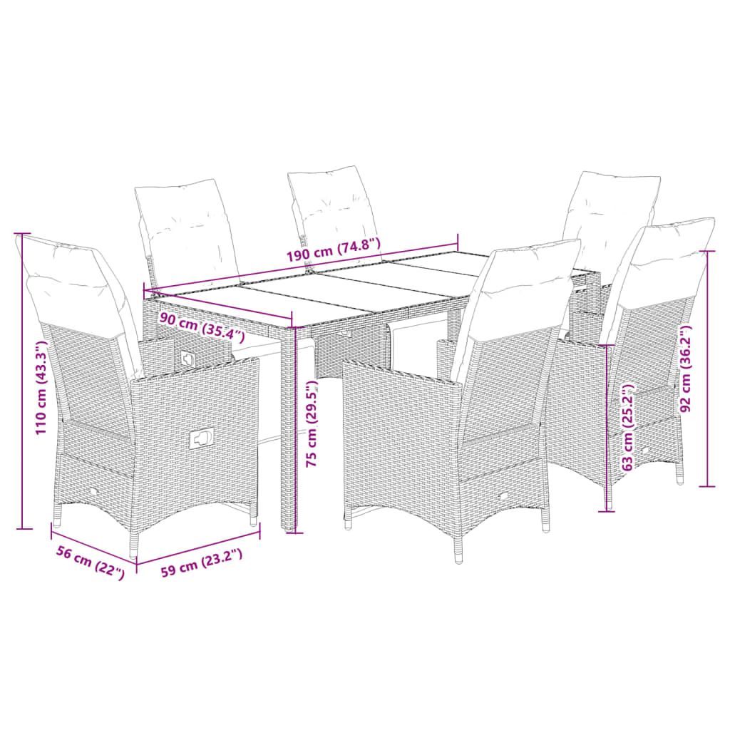 Set da Pranzo da Giardino 7 pz Nero con Cuscini in Polyrattan | homemem39