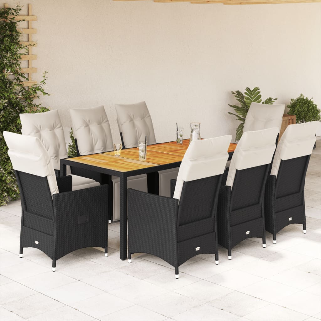 Set da Pranzo da Giardino 9 pz con Cuscini Nero in Polyrattan | homemem39