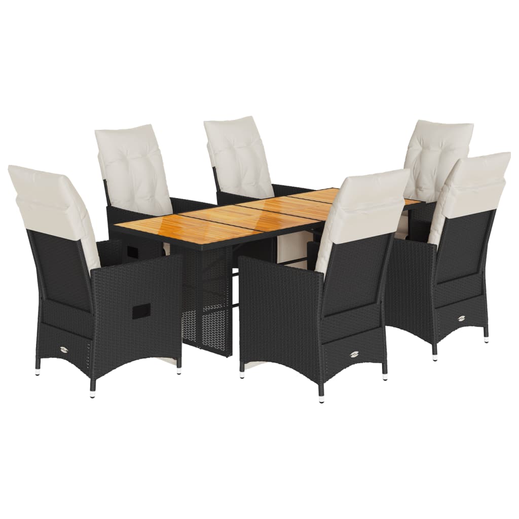 Set da Pranzo da Giardino 7 pz Nero con Cuscini in Polyrattan