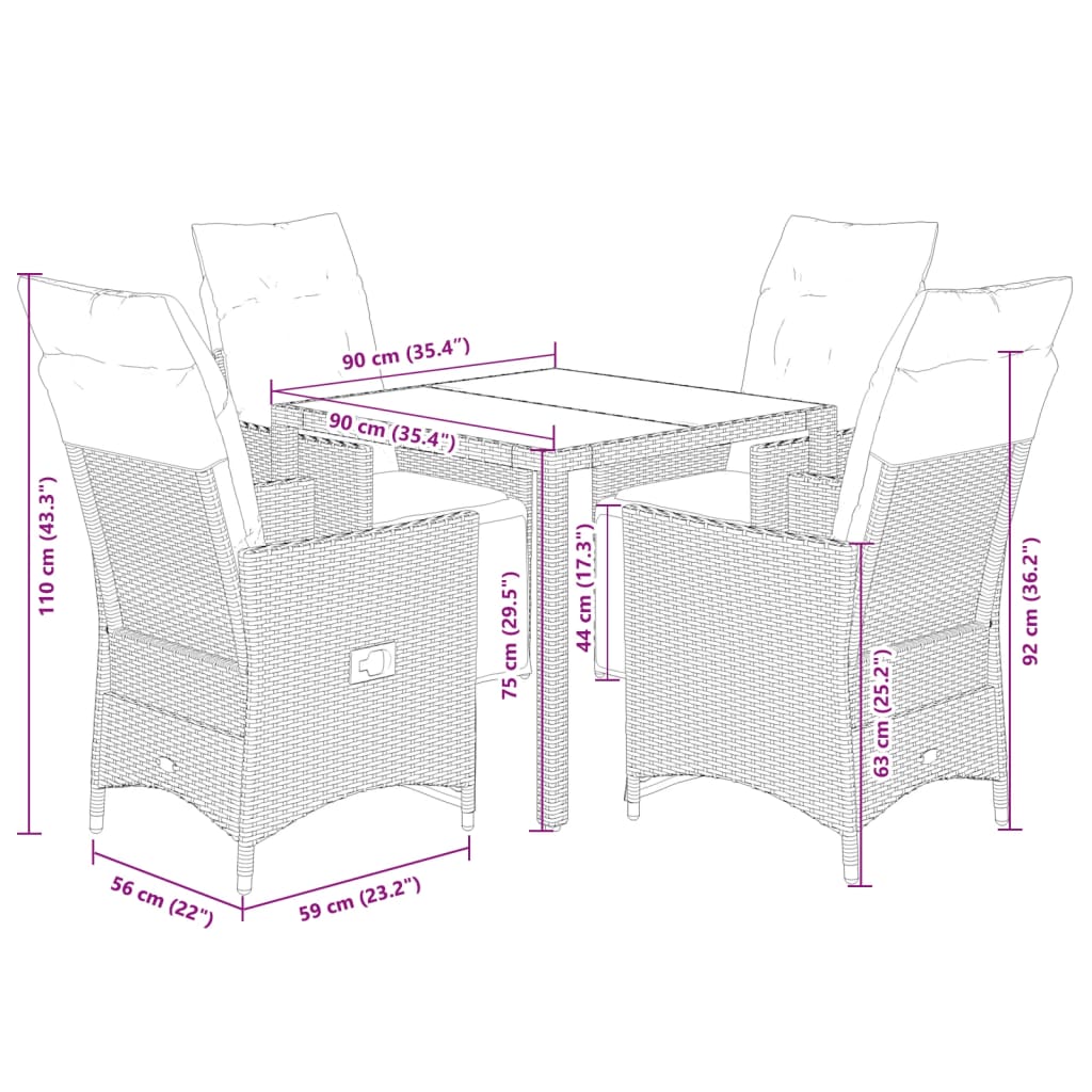Set da Pranzo da Giardino 5 pz Nero con Cuscini in Polyrattan | homemem39