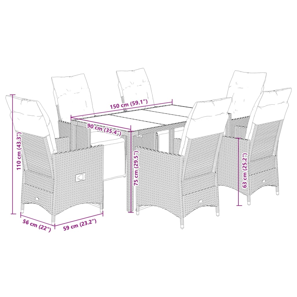 Set da Pranzo da Giardino 7 pz Nero con Cuscini in Polyrattan | homemem39