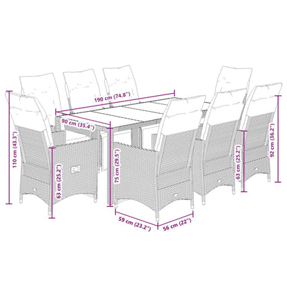 Set da Pranzo da Giardino 9 pz con Cuscini Nero in Polyrattan | homemem39