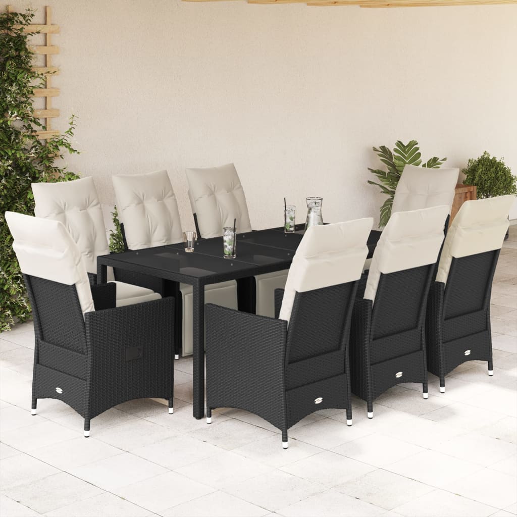 Set da Pranzo da Giardino 9 pz con Cuscini Nero in Polyrattan | homemem39