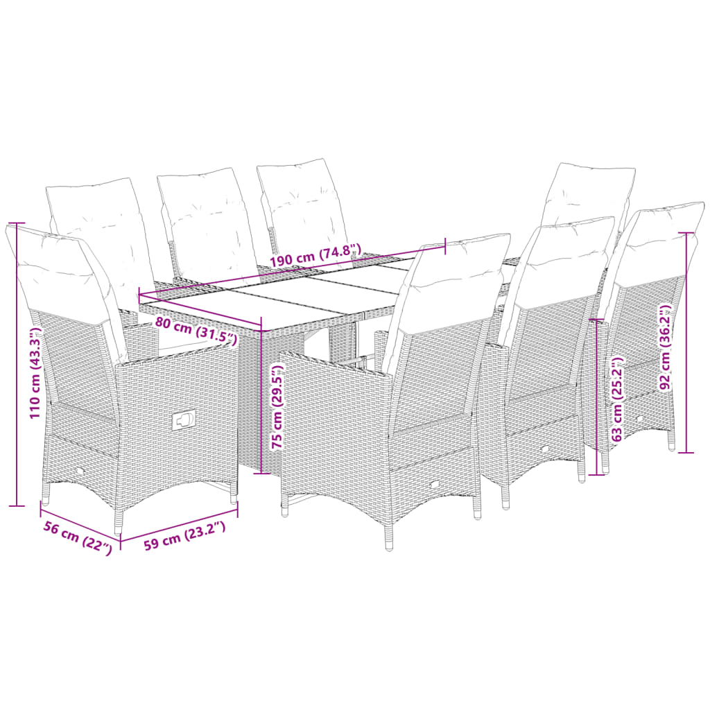 Set da Pranzo da Giardino 9 pz con Cuscini Nero in Polyrattan | homemem39