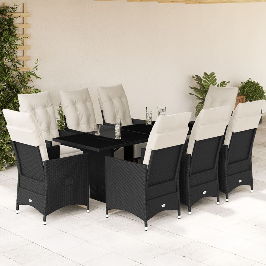 Set da Pranzo da Giardino 9 pz con Cuscini Nero in Polyrattan | homemem39