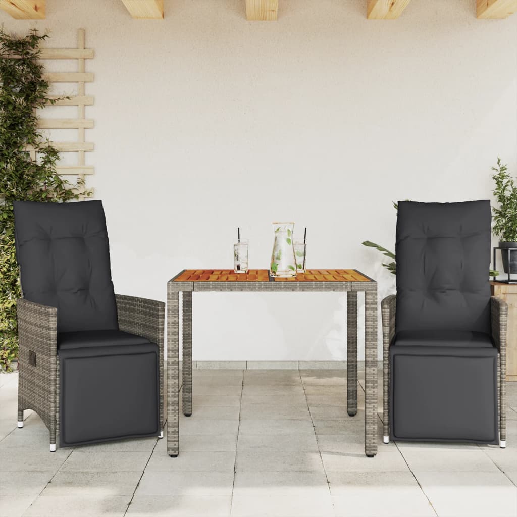 Set Bistrò da Giardino 3 pz con Cuscini in Polyrattan Grigio | homemem39