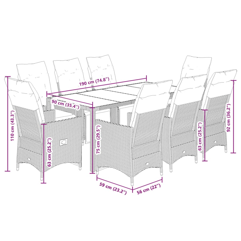 Set Bistrò da Giardino 9 pz con Cuscini in Polyrattan Grigio | homemem39